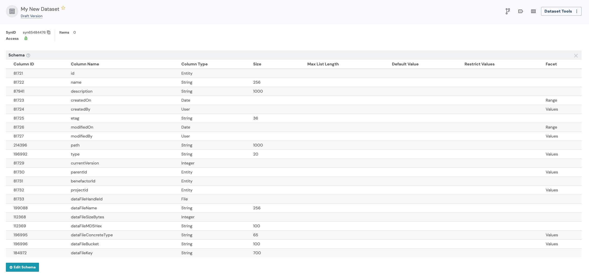 Dataset Default Schema